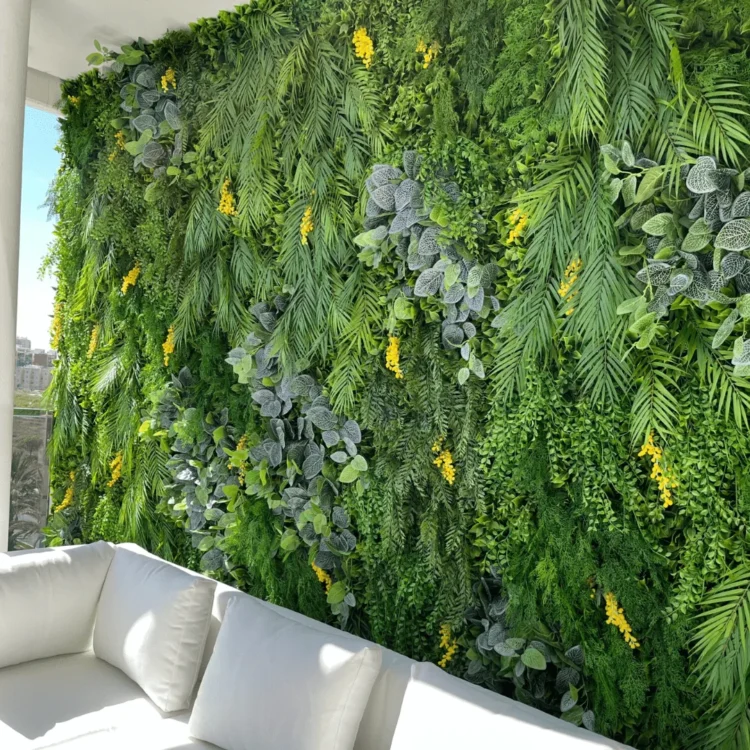 Jardín vertical artificial con eucalipto y toques amarillos en una terraza