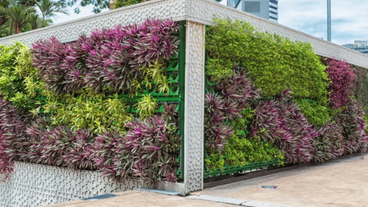Muro exterior cubierto con un jardín vertical artificial de plantas moradas y verdes