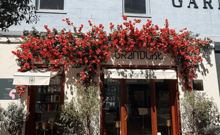 arboles-artificiales-a-medida-con-tronco-natural-2 Fachada de un local decorada con buganvilla artificial roja y olivos en macetas