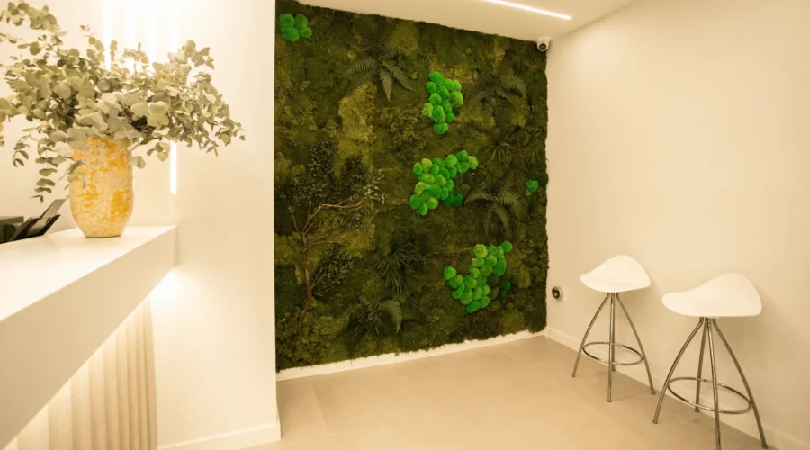 Jardín vertical preservado con musgo bola y helechos en una pared interior