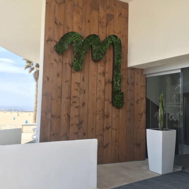 Logotipo corporativo en musgo preservado sobre una pared de madera
