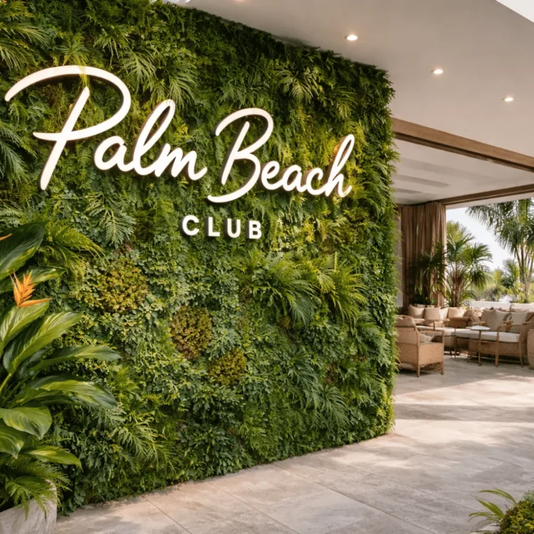 Jardín vertical artificial con el rótulo de Palm Beach Club en la zona lounge del club